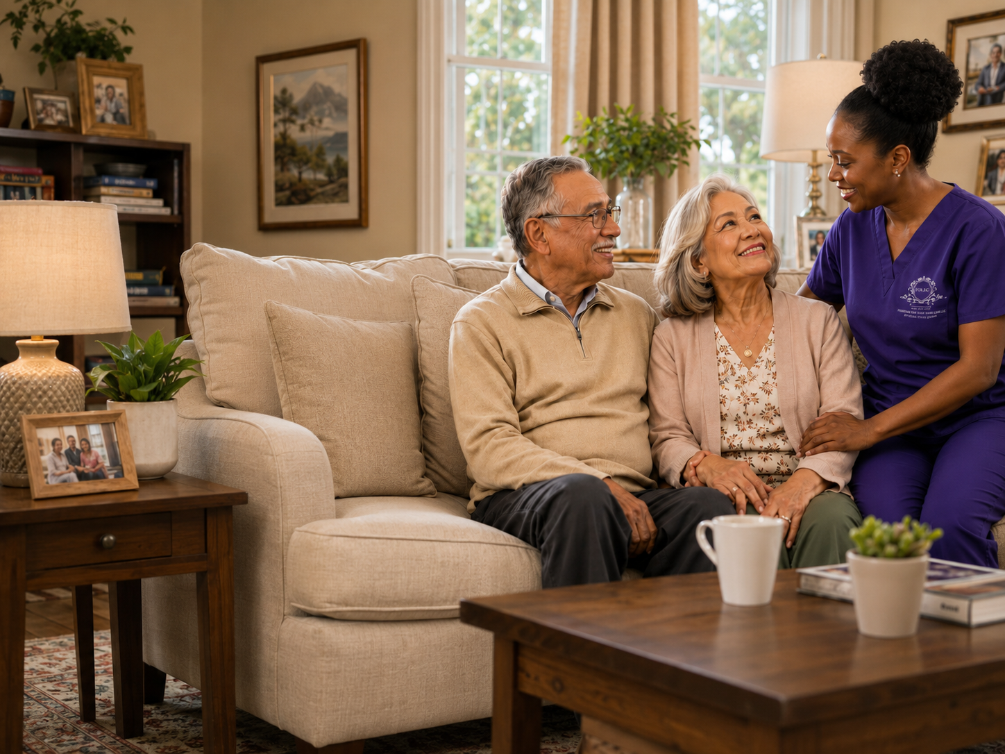 Caregiver sitting with a senior couple in their living room