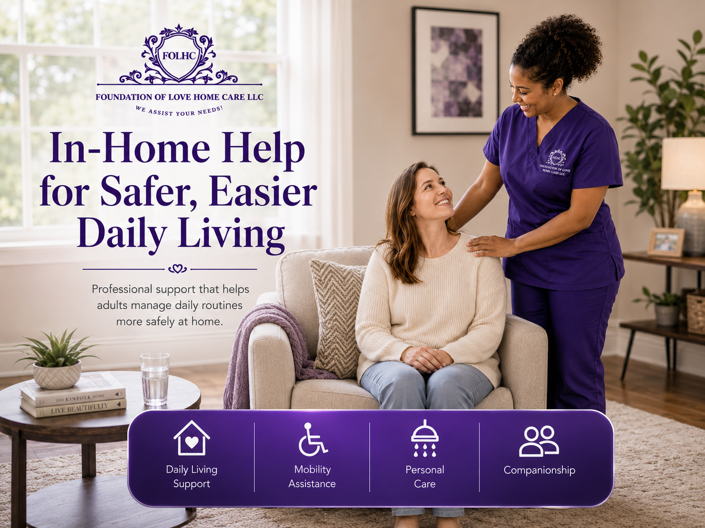 Caregiver assisting a woman with safer, easier daily living at home