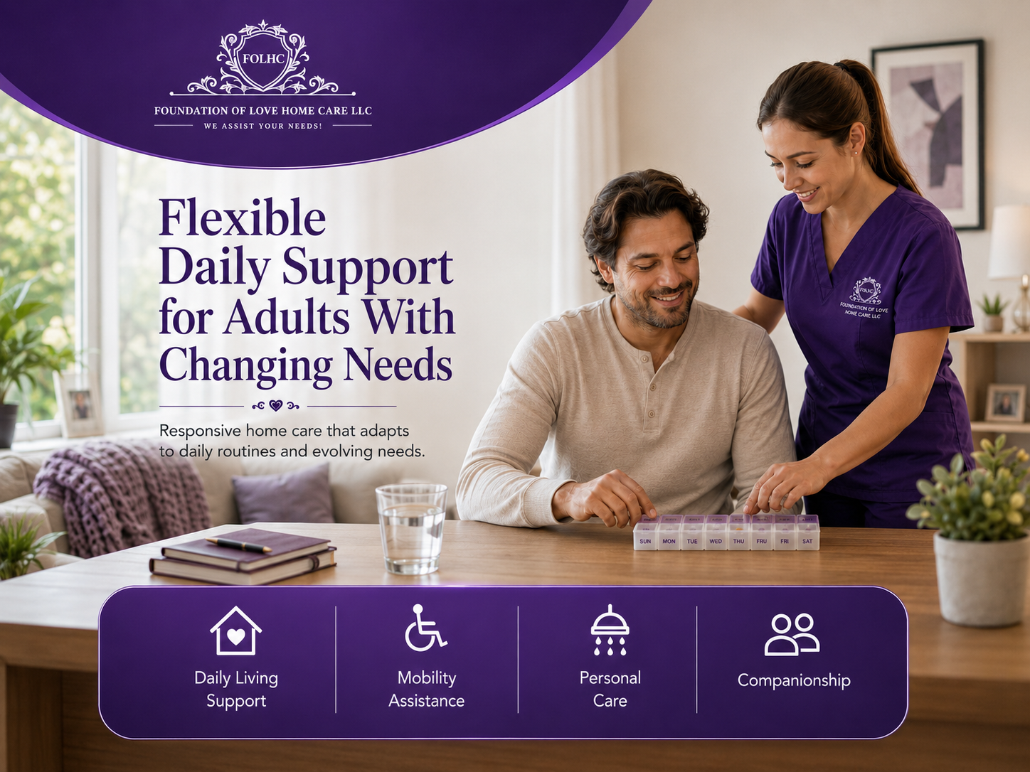 Caregiver reviewing a weekly medication organizer with an adult client