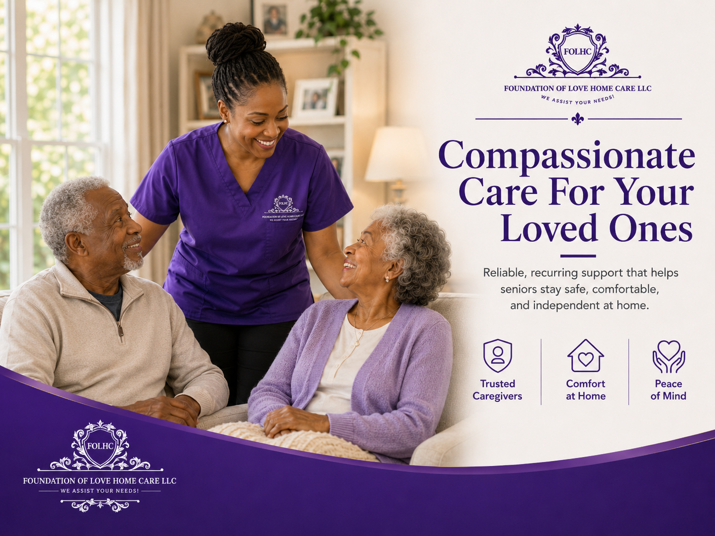 Compassionate care for your loved ones — Foundation of Love Home Care caregiver with a senior couple at home