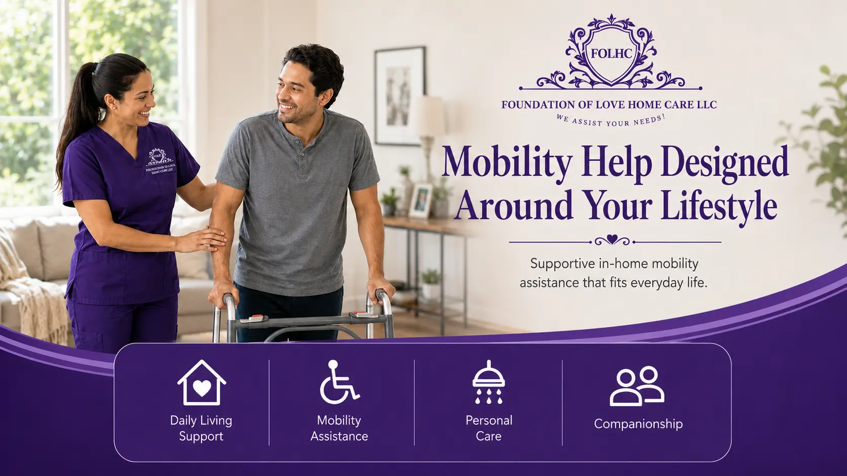 Caregiver assisting a man using a walker in his living room