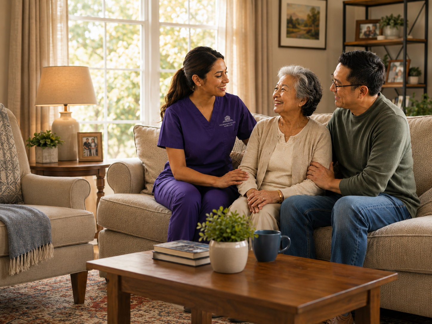 Foundation of Love caregiver visiting with a senior woman and her adult son at home