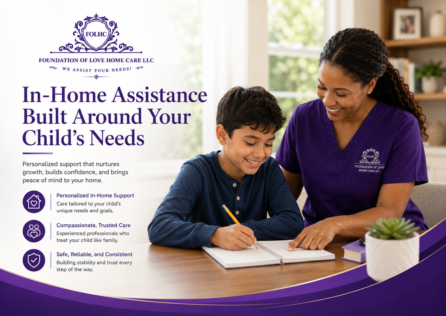 Caregiver assisting a boy with homework at the kitchen table