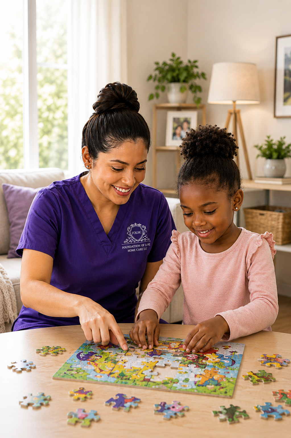Foundation of Love caregiver doing a puzzle with a young child at home