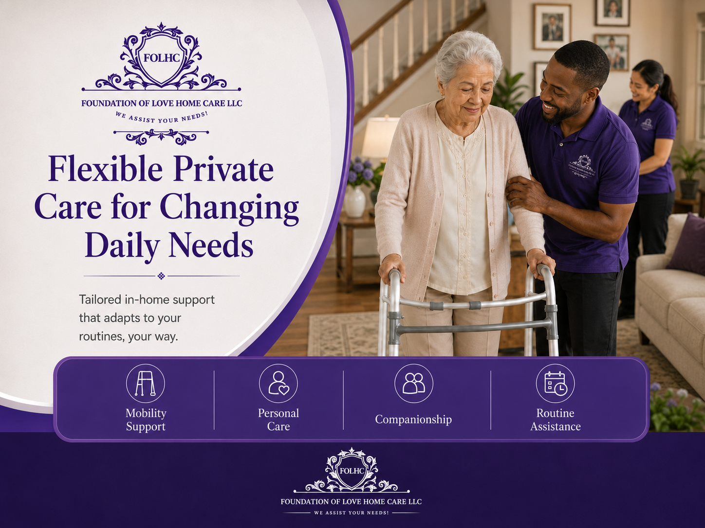 Caregiver supporting a senior woman using a walker at home