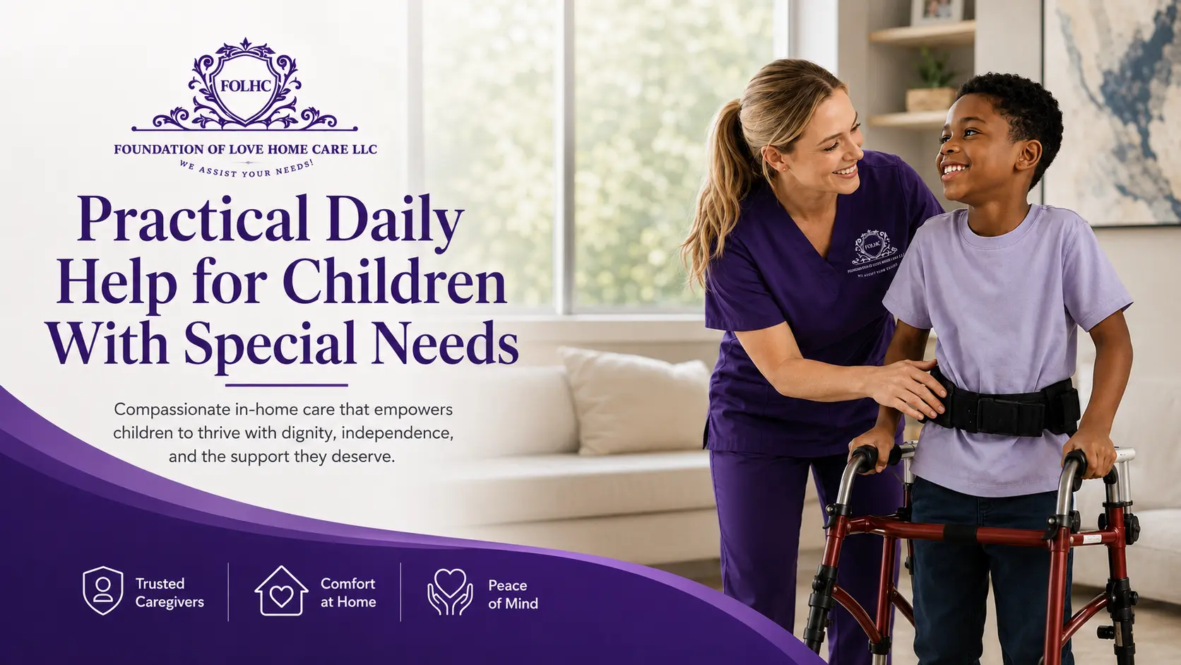 Foundation of Love caregiver helping a young boy walk with a mobility walker at home