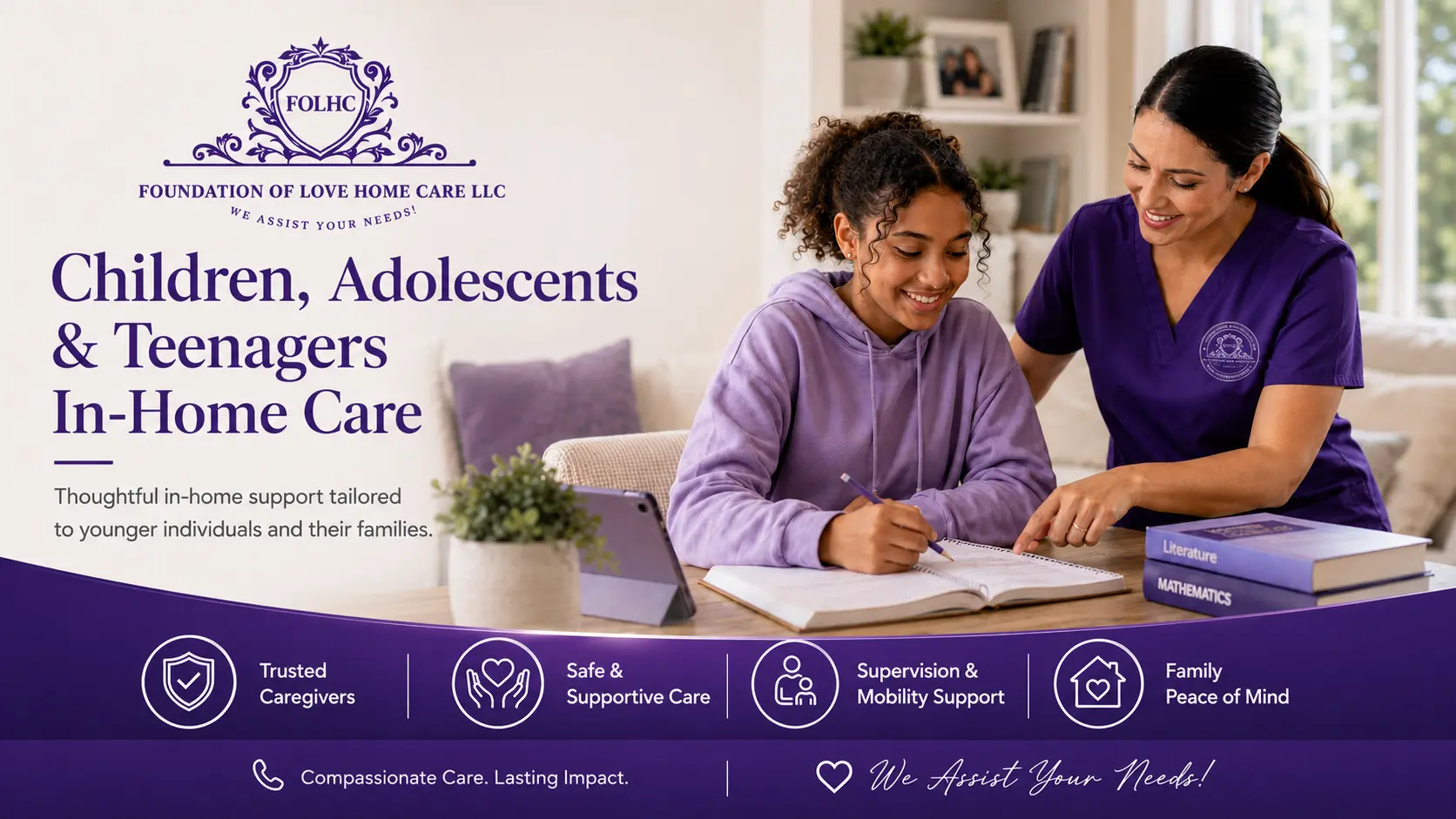 Foundation of Love caregiver helping a teenager with schoolwork at home