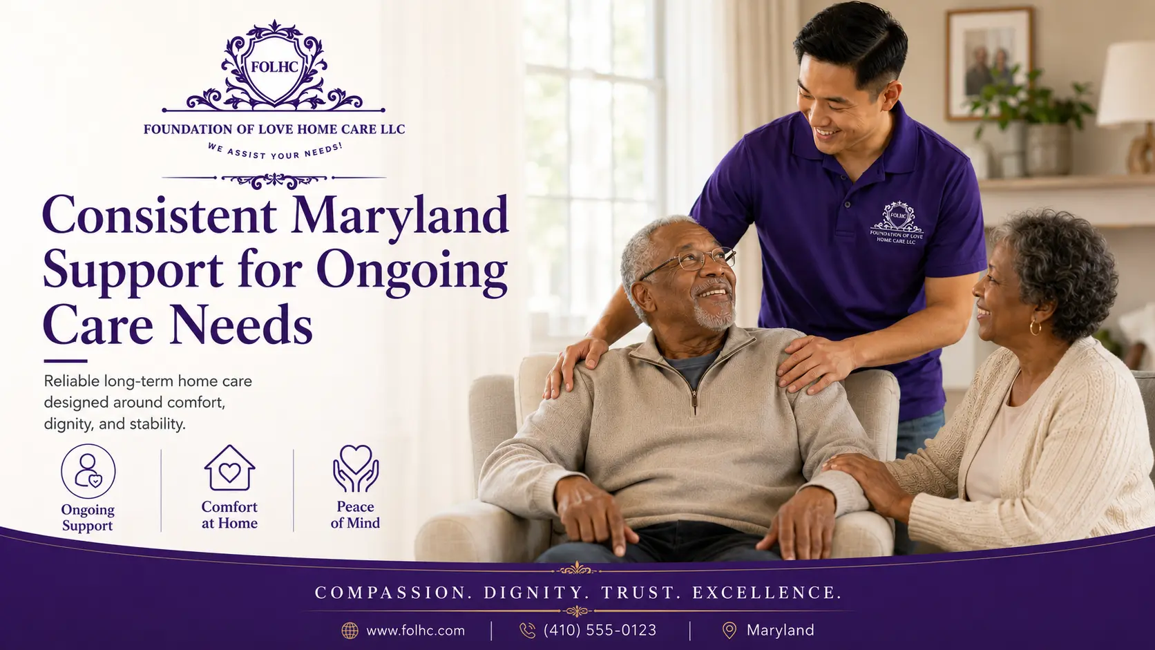 Caregiver in a purple polo shirt comforting a seated senior woman at home