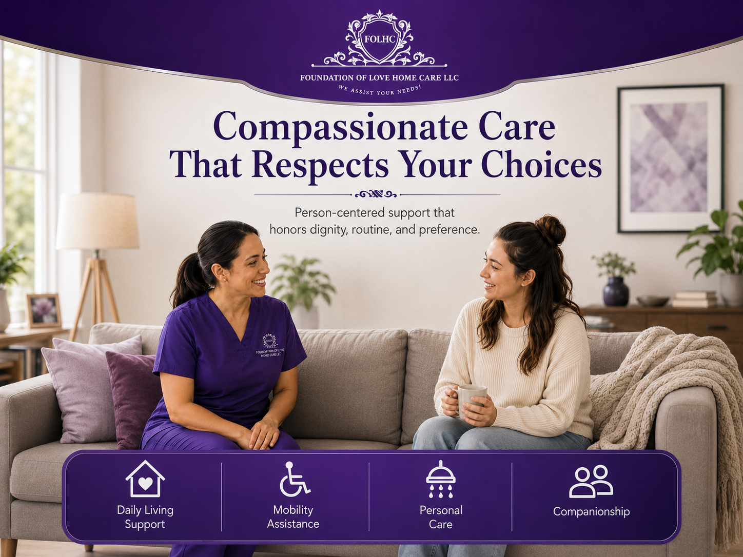 Caregiver and adult client discussing care preferences on a sofa
