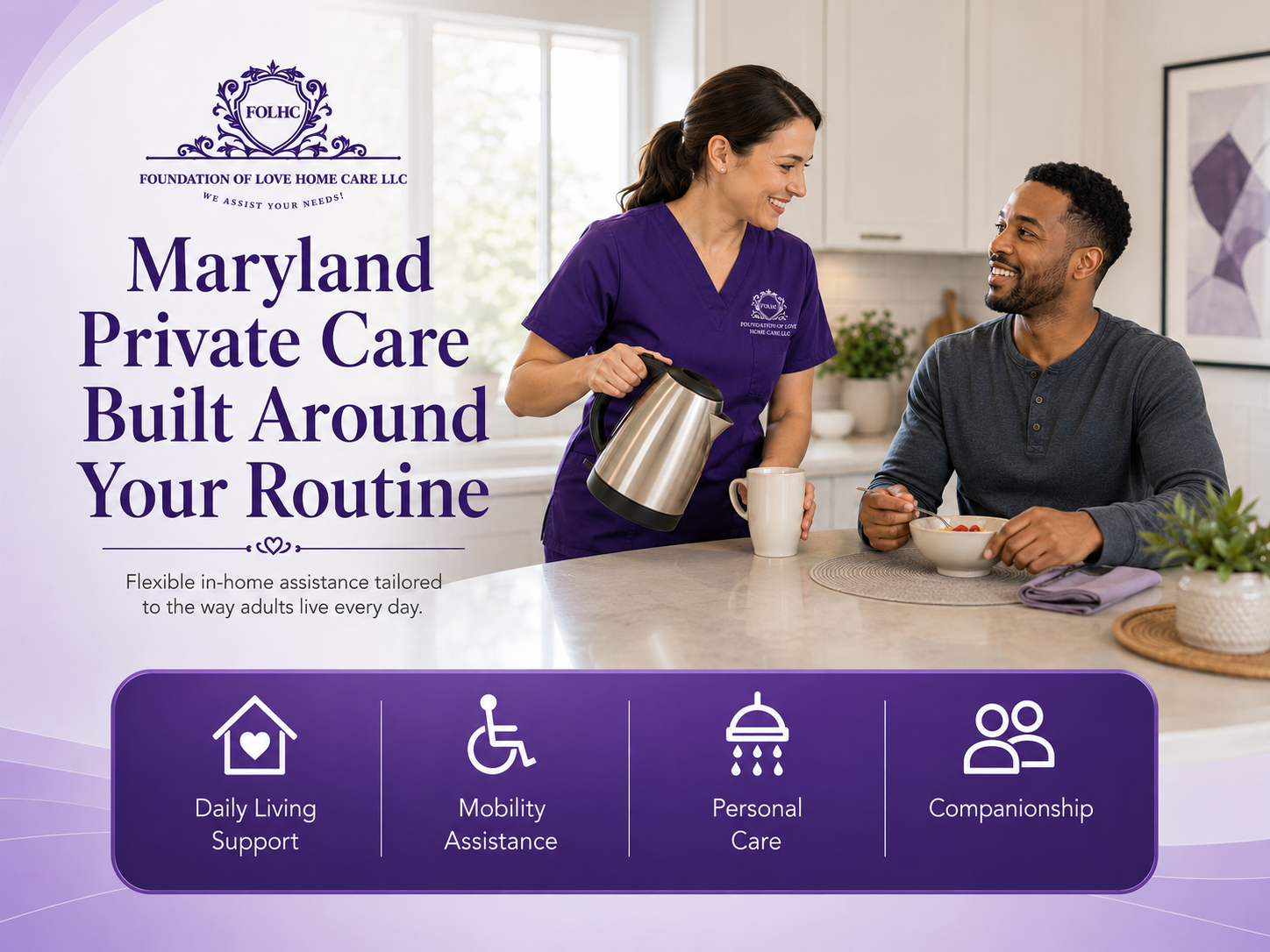 Caregiver preparing a morning routine with an adult client in the kitchen