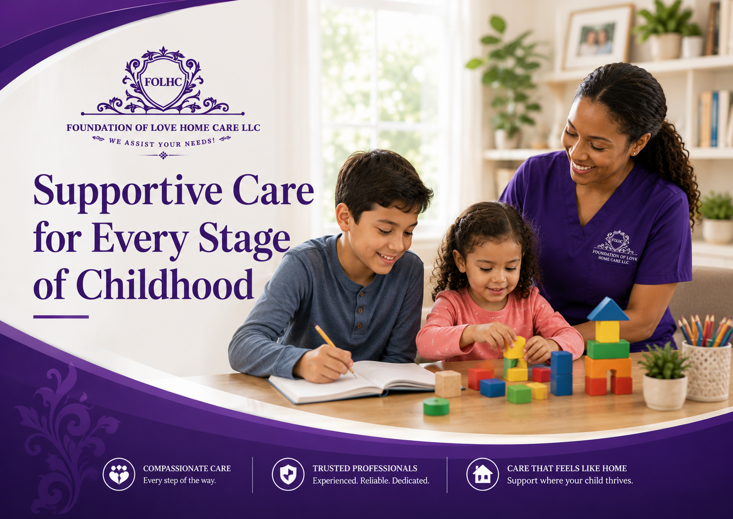 Caregiver supporting two children during play and study time at home