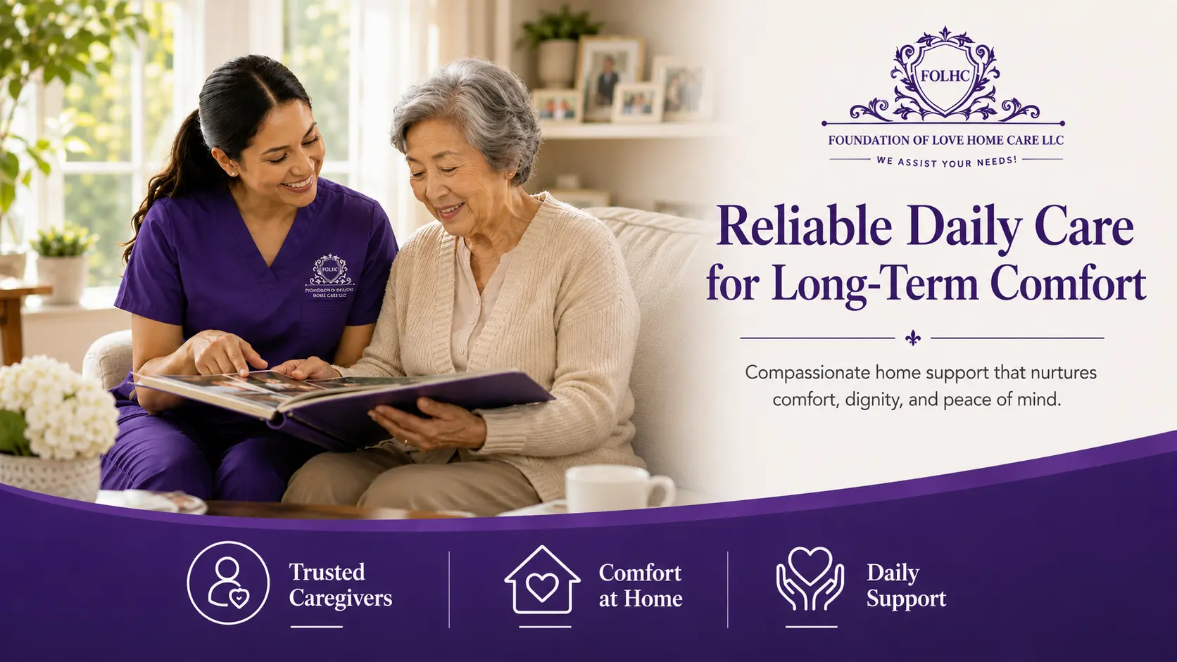 Caregiver looking through a photo album with a senior woman at home