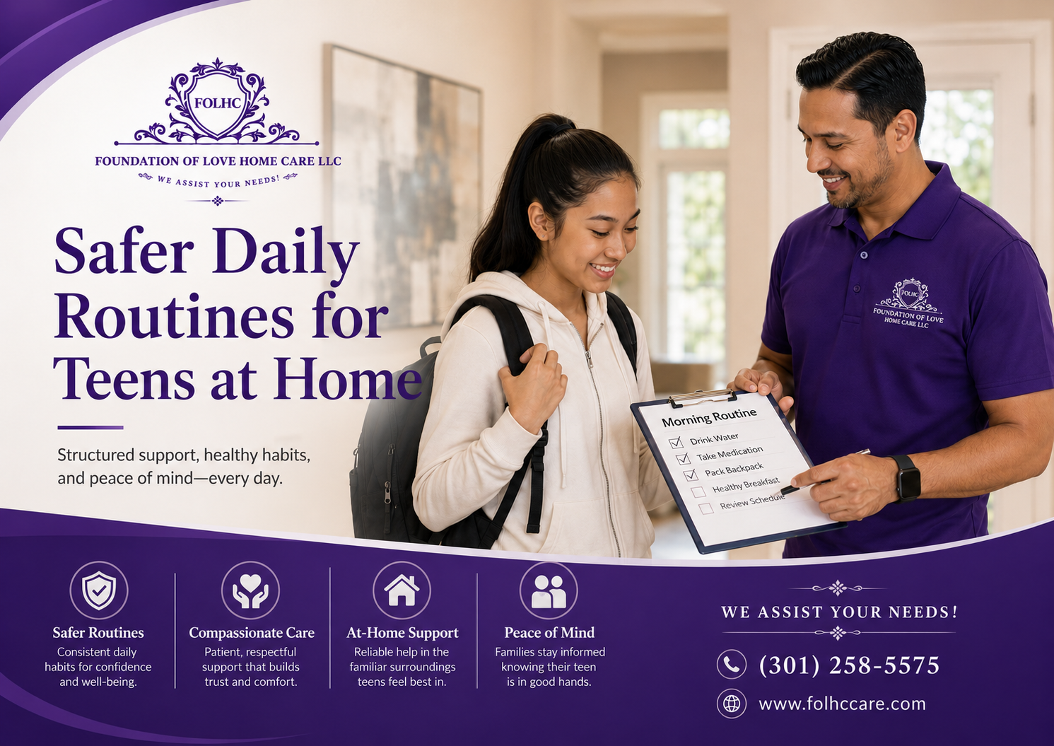 Caregiver reviewing a morning routine checklist with a teenage student