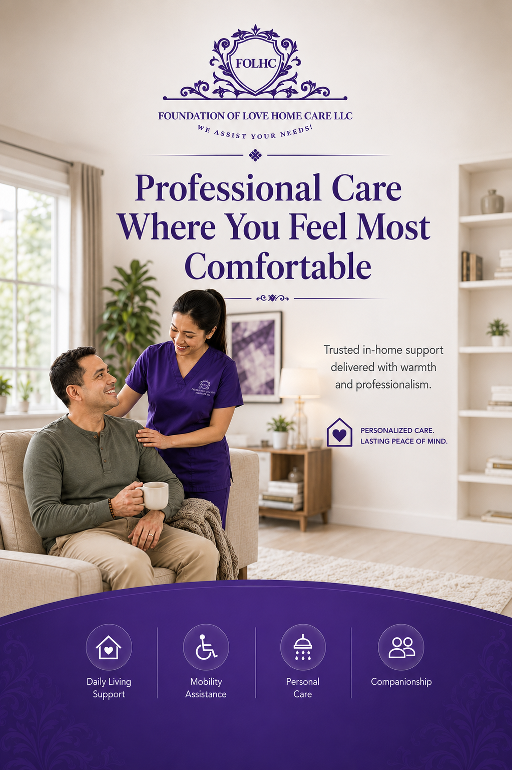 Professional care where you feel most comfortable โ caregiver with an adult client at home