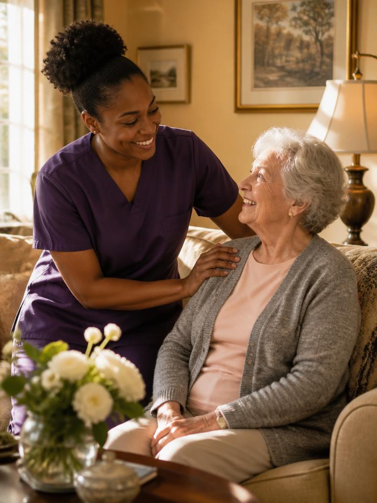 Caregiver comforting a senior woman at home