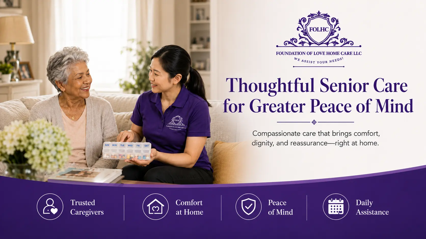 Caregiver reviewing a weekly pill organizer with a senior woman on a sofa