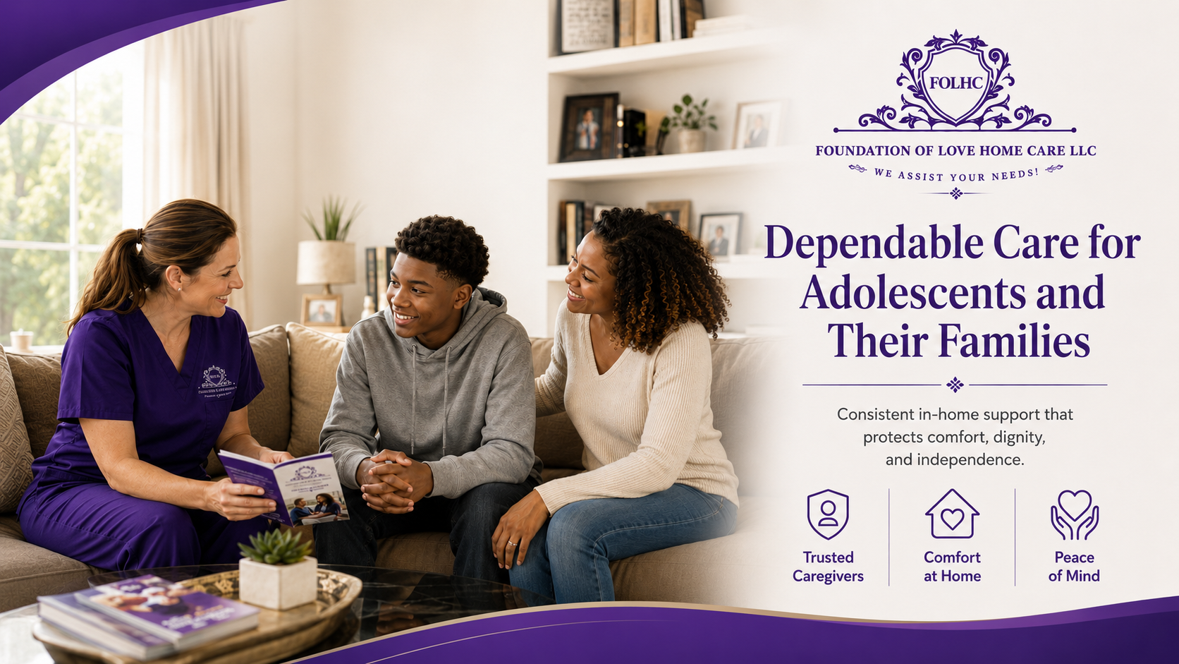 Foundation of Love Home Care caregiver with an adolescent and his mother at home