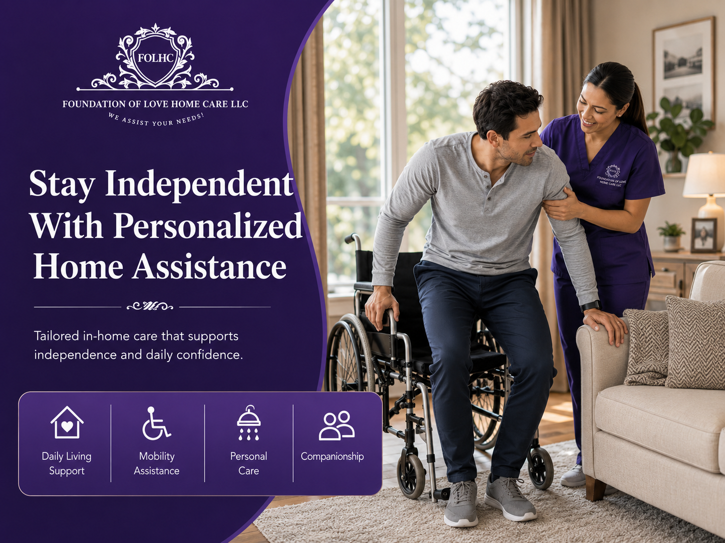 Caregiver helping an adult client transfer safely from a wheelchair at home