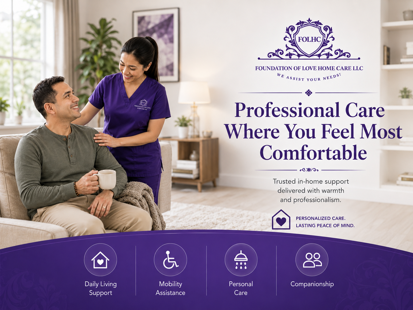 Foundation of Love Home Care caregiver with an adult client at home