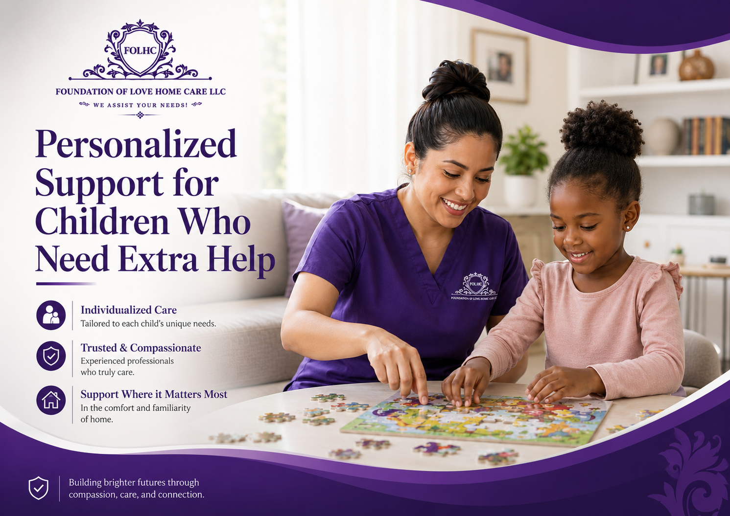 Foundation of Love caregiver helping a young girl with a puzzle at home